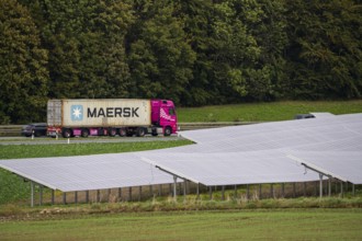 Solar park, photovoltaic system along the A44 motorway, near the Lichtenau junction, North