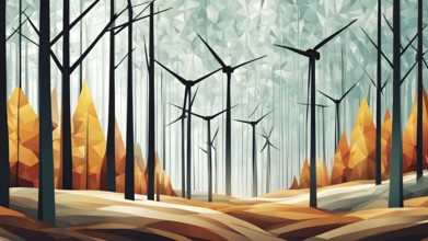 Abstract illustration of a forest with tall, geometric trees made of wind turbine blades, merging