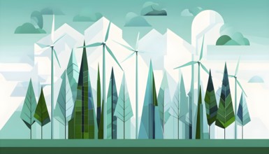 Abstract illustration of a forest with tall, geometric trees made of wind turbine blades, merging