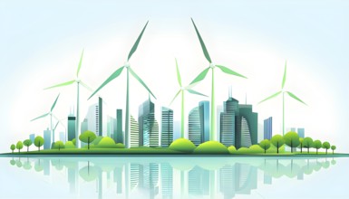 Abstract visual illustration of a city skyline where buildings morph into wind turbines and trees,