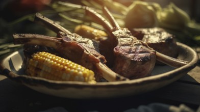 Fresh succulent lamb chops and grilled corn cob dish, generative AI.- generative AI, AI generated