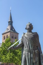 Odense, King Knud statue, crown, sword, tower of the cathedral church, St Knud's Church, Fyn,