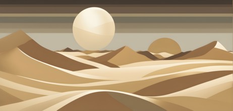 Abstract desert scene with triangular sand dunes and a single circular sun, using sharp lines and