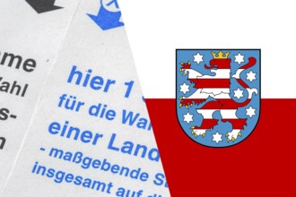 Symbolic image of the state election in Thuringia: Flag of Thuringia and close-up of a ballot paper