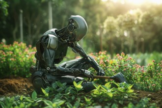 Humanoid robot gardening on knees, AI generated