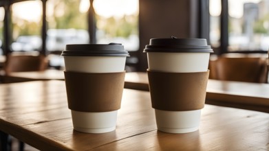 Coffee cup on a wooden table in a warmly lit cafe in blurred background, AI generated