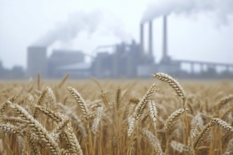 Gricultural grain field with factory with grey fumes in background. Generative Ai, AI generated