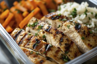 Close up of meal prep with healthy grilled chicken breast, carrots and rice. Generative Ai, AI