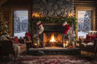 Traditional stone fireplace decorated for Christmas, with garlands, stockings, and candles, set in