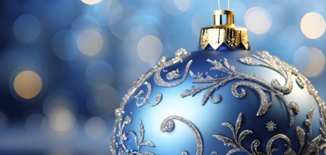 Close up of a blue frosted Christmas ornament, detailed with tiny ice crystals, delicate carvings,