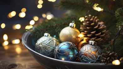 Christmas tree ornaments in a bowl, featuring a mix of glass baubles, pine cones, and fairy lights,