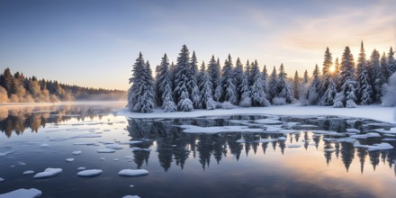 Serene winter landscape at sunrise with snow-covered trees and a frozen lake, AI generated