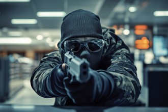 Robber with ski mask, sunglasses threatiening with gun. Generative Ai, AI generated