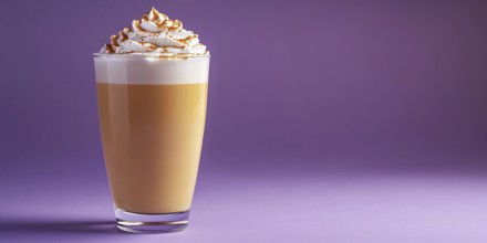 Glass with seasonal pumpkin spice latte on violet background with copy space. Generative Ai, AI