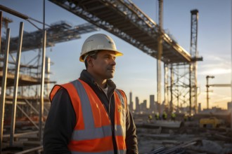 Portrait of a male construction worker with a white helmet, AI generated