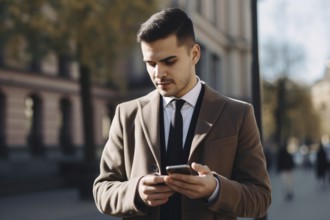 Business man in suit looking at cell phone. KI generiert, generiert AI generated