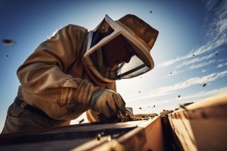 Beekeeper tending to beehive. AI generated