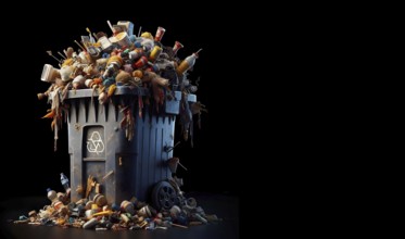 Dustbin full of waste and garbage isolated in black background, AI generated