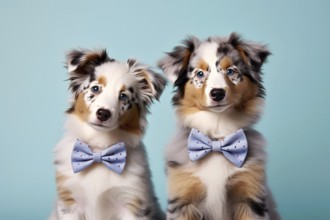 Pair of Australian Shepherd dog on blue background. KI generiert, generiert AI generated