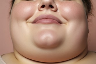 Close up of round double chin of obese smiling woman. KI generiert, generiert AI generated