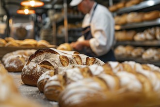 Loaves of bread in industrial bakery kitchen. KI generiert, generiert, AI generated