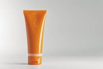 Orange sunscreen tube on white studio background with copy space. KI generiert, generiert, AI