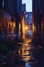 Narrow city alley walls adorned with graffiti narratives of resistance and decay, AI generated