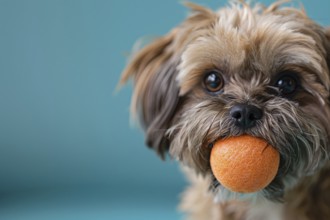 Cute small dog holding ball in mouth. KI generiert, generiert, AI generated