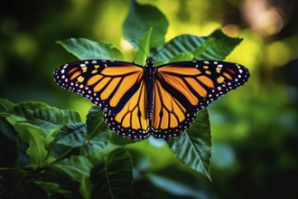 Stylized beautifully multicolored yellow monarch butterfly on natural leaves environment, AI