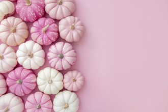 Top view of pink and white pumpkins on side of pastel pink background with copy space. Generative