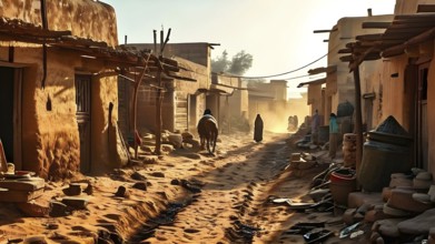 Village with traditional mud houses nestled in the thar desert, AI generated