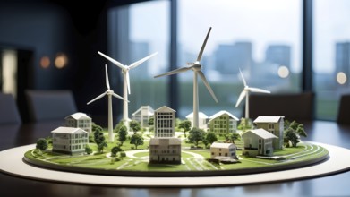 Scale model of a wind turbine adjacent to miniature houses, AI generated