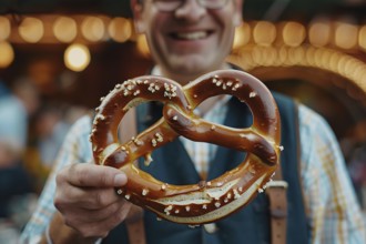 Large German pretzel held by hands of man in traditional Bavarian attire. Generative AI, AI