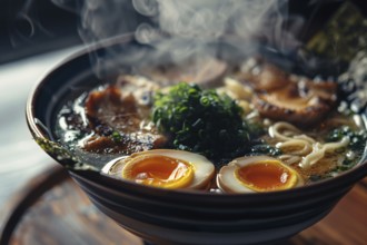 Ramen with miso broth, tender pork slices, soft-boiled egg, and nori in bowl. Generative Ai, AI