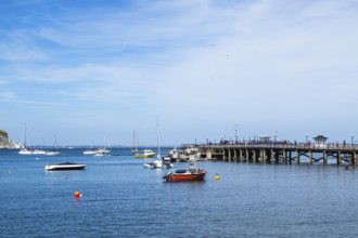 Swanage Pier and yachts and boats on Swanage Bay, Swanage, Dorset, England, United Kingdom, Europe