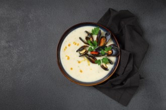 Chowder cream soup with mussels, American cuisine, homemade, no people