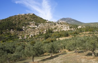 Byzantine ruined city of Mystras or Mistra on the Taygetos Mountains, UNESCO World Heritage Site,