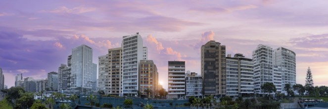 Peru, luxury condominiums located near Miraflores Lima Malecon promenade on the ocean shore, South