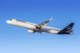 A Lufthansa Airbus A321neo aircraft with the registration D-AIEJ at the airport in Munich, Germany,