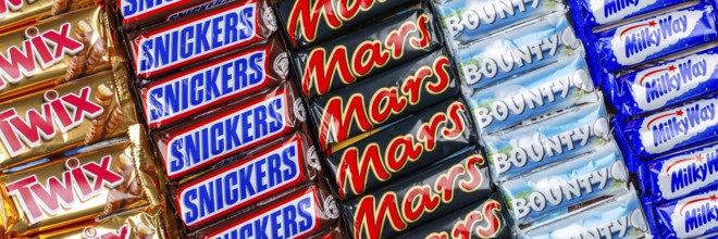 Mars Incorporated products such as Snickers chocolate bars, Twix, Milky Way and Bounty bars as