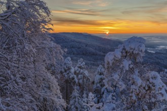 Sunset at Zollernhorn in winter, Swabian Alb, Baden-Württemberg, Germany, Hohenzollern Castle,