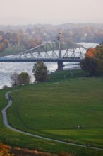 View to the bridge Blaues Wunder, autumn, Dresden, Saxony, Germany, Europe