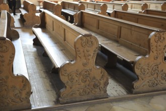 Empty pews, interior of the Cistercian Abbey Church Fürstenfeld in Fürstenfeldbruck, Upper Bavaria,