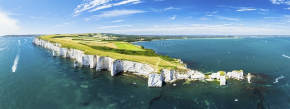 Panorama of White Cliffs of Old Harry Rocks Jurassic Coast from a drone, Dorset Coast, Poole,