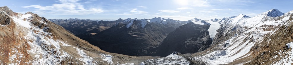 Glacier Gurgler Ferner and mountain Hinterer Spiegelkogel, Ramoljoch, alpine panorama, aerial view,