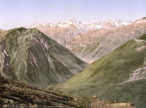 Furka Pass, view from the summit, Bernese Oberland, Switzerland, Historic, digitally restored