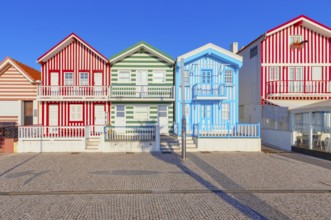 Traditional wooden striped houses, Costa Nova do Prado, Aveiro, Portugal, Europe