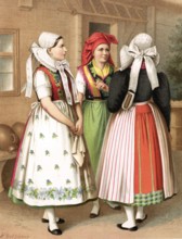 Traditional costumes in Germany around 1820, Province of Prussia, Spreewald, Three woman in