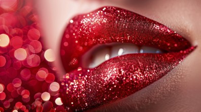 A woman's lips are covered in red glitter. Concept of glamour and sophistication, luscious lips, AI