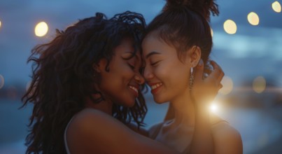 Interracial lesbian LGBTQ couple with long hair and smiling. Concept of inclusivity, AI generated